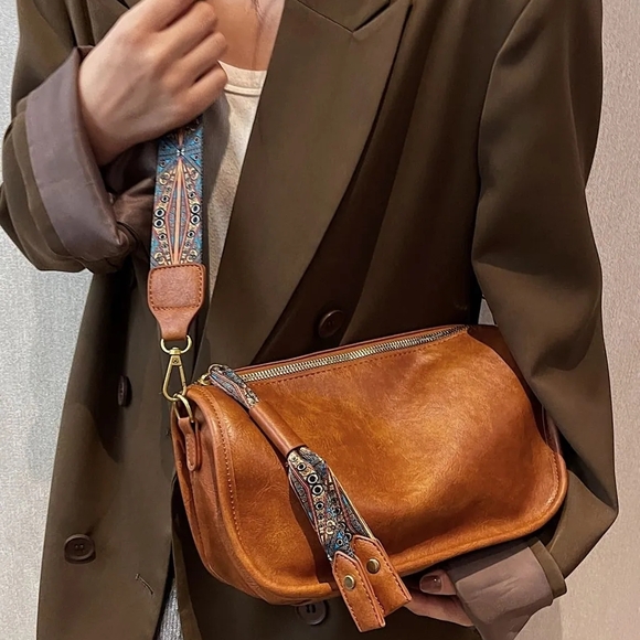 Amazon Handbags - Amazon Cognac Leather Crossbody Bag with Patterned Blue Accent Strap